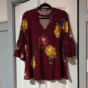 Vine & Love Burgundy Blouse with Yellow Floral Design